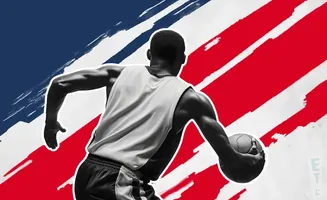 A Black basketball player in a white tank top dribbles a ball against a red, white, and blue background.