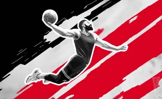 A basketball player is mid-air, holding a ball, with a dynamic red and black background.