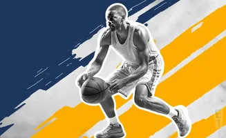 A Black basketball player dribbles the ball with a dynamic, abstract background of yellow and blue stripes.