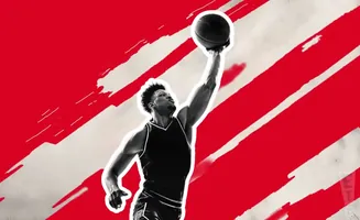 Black and white basketball player dunks on a red and white background.