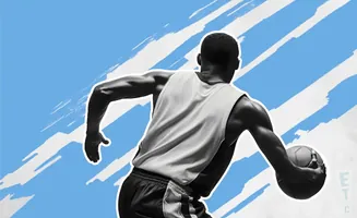 A basketball player in silhouette dribbles a ball against a blue and white abstract background.
