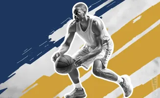 A black and white illustration of a basketball player dribbling a ball against a background of blue and yellow brushstrokes.