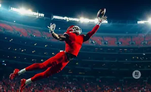 A football player in a red uniform leaps to catch a pass in a stadium under bright lights.