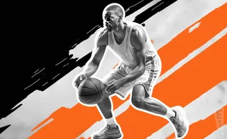 A grayscale image of a basketball player dribbling a ball against an orange and black abstract background.