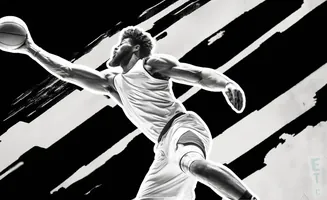 A black and white illustration of a basketball player mid-air, holding a ball and ready to dunk against a dynamic striped background.
