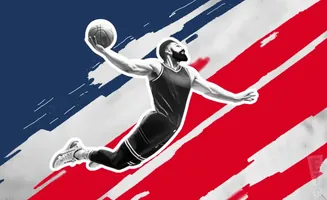A basketball player dunks on a background of red, white, and blue stripes.