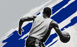 A basketball player in a tank top dribbles a ball against a background of blue and gray brushstrokes.