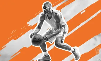 A basketball player dribbles the ball on an orange and white background.