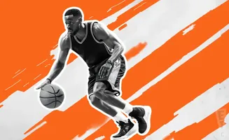 A basketball player dribbles the ball with an orange and white background.