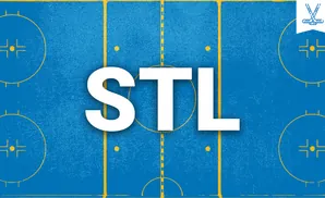 An overhead view of a blue hockey rink with yellow lines and circles, and a small white banner with crossed hockey sticks in the top right.