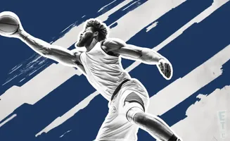 A black and white illustration of a basketball player in mid-air dunking a ball against a blue and white striped background.