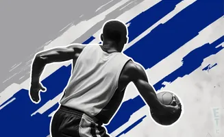 A back view of a muscular basketball player dribbling a ball against a background of blue and gray abstract shapes.