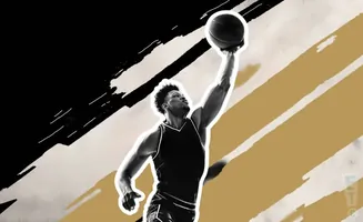 A basketball player jumps and reaches up to dunk the ball against a stylized black and gold background.