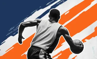 A basketball player dribbles the ball against a dynamic blue and orange background.