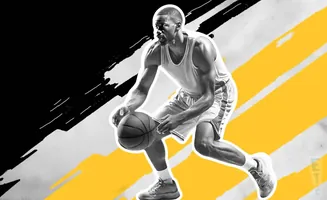 A basketball player dribbling the ball with a black, white, and yellow background.