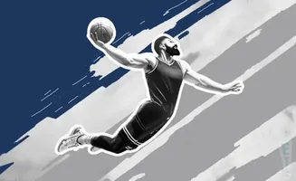 A Black and white illustration of a basketball player mid-dunk against a blue and grey abstract background.