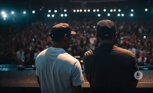 Two men in baseball caps stand with their backs to the camera, facing a large, cheering audience under stage lights.