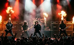 Metal band performs on stage with flames and lights, with the lead singer in the foreground.