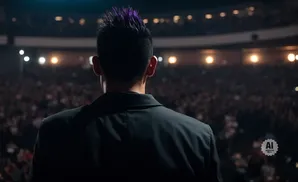 Back of a person with purple-tipped hair in a suit, facing a large, dimly lit audience.