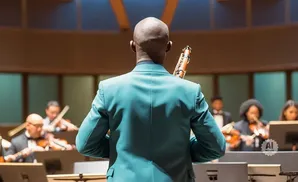 A conductor in a teal jacket with a bassoon stands before an orchestra.