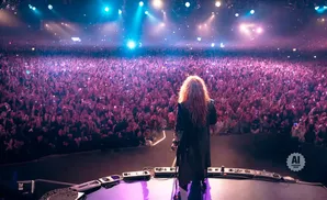 A performer with long red hair faces a large, cheering crowd at a concert, lit by purple and blue stage lights.