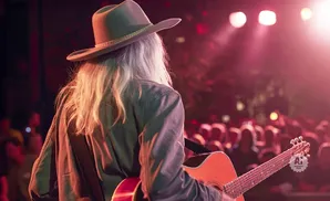 A musician with long blonde hair and a cowboy hat plays an acoustic guitar on stage.