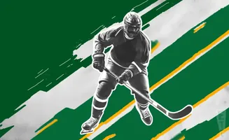 A black and white illustration of a hockey player in full gear, skating with a stick, against a green background.
