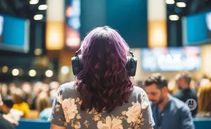 Back of person with purple hair and headphones at an event with a blurred crowd and screens.