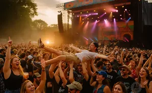 Man crowd-surfing at a concert with his arms outstretched while the audience cheers.