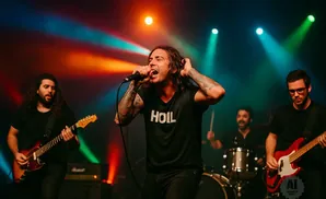 A band performs on stage with vibrant colored lights and a singer in the foreground.