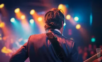 Guitarist on stage with colorful lights and blurred audience in the background.