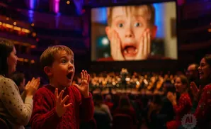 A young boy in a red sweater reacts with a shocked expression while watching 