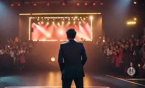 Man in a suit facing a brightly lit stage with an audience in the background.