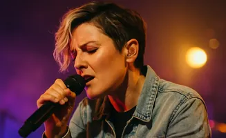 A singer with short blonde and brown hair, wearing a denim jacket, sings into a microphone on a dimly lit stage with purple and orange lights.