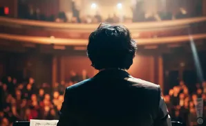 Back of a person in a suit on stage facing a blurred audience in a theater.