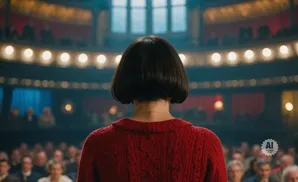 Woman with bob haircut in red sweater facing away from camera in an auditorium.