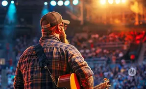 Man in a plaid shirt with a guitar and tattoos playing on stage in front of a crowd.