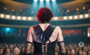 Performer in a sparkly outfit with curly hair on stage facing away from the camera.