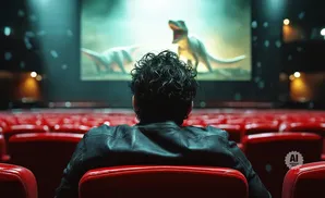 Person in a black leather jacket watches a movie about dinosaurs on a large screen in a red-seated theater.