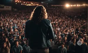 A person with long hair faces a large, blurred audience in a dimly lit venue with string lights overhead.
