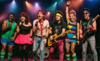 A band of singers and guitarists in 80s attire performs on stage with colorful lights.