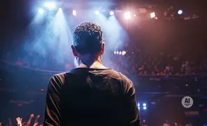Man facing away from camera on stage, with audience and spotlights visible.