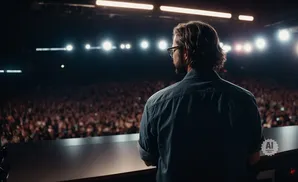 Man in glasses and denim shirt on stage facing large, blurred audience under stage lights.