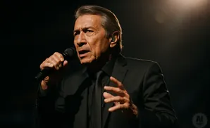 A man in a black suit and tie sings into a microphone under a spotlight.