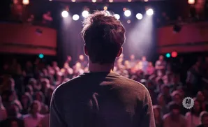 A person faces away from the camera, addressing a crowded audience in a dimly lit venue with stage lights.