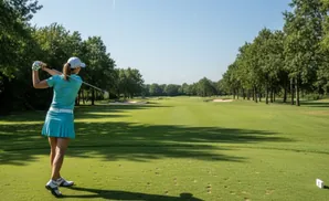 Golfer in a teal outfit swings a club on a sunny golf course with tree-lined fairways.