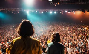 Two people on stage face a large, blurred audience at a concert.
