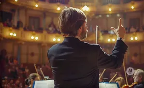 Conductor with hand raised, leading an orchestra in a grand theater.