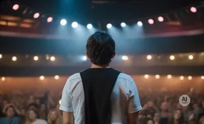 Back view of a person in a white shirt and black vest on stage, facing a blurry audience and bright stage lights.