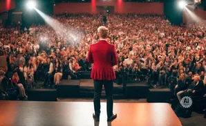 Man in red jacket on stage facing a large audience.